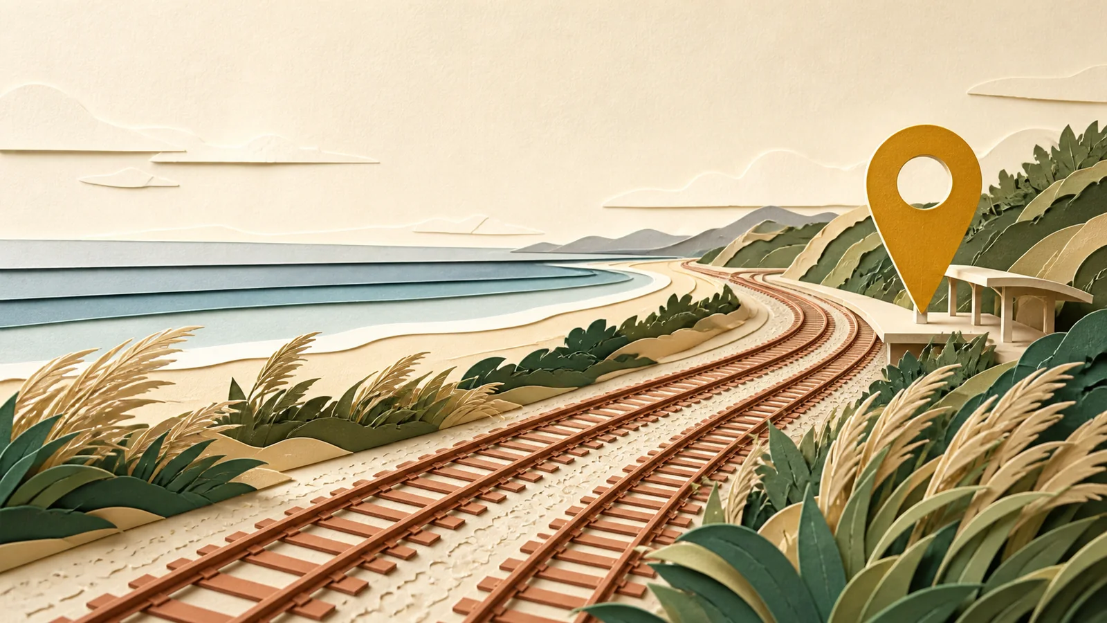 海線鐵路、海風植物與定位點組成的沙鹿交通紙雕場景