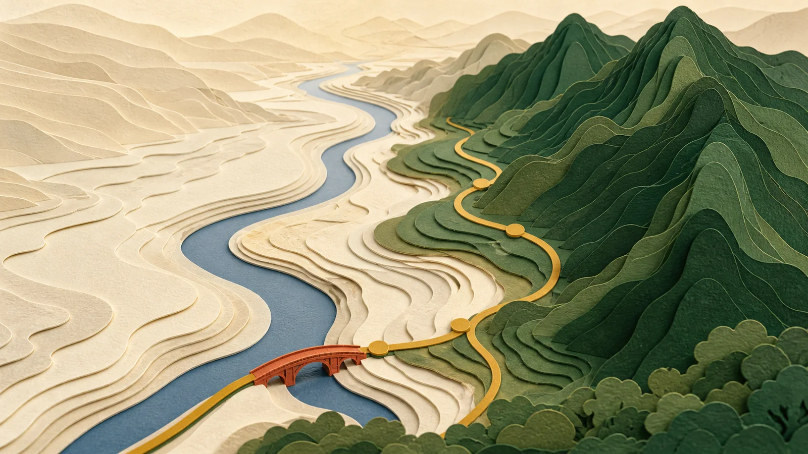 山景、河道與道路路線交織的太平立體紙雕地圖